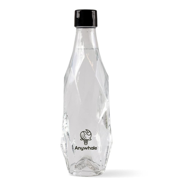 Bouteille d'eau en verre transparente, 400 ml, Étiquette adhésive quadri, Bouchon noir