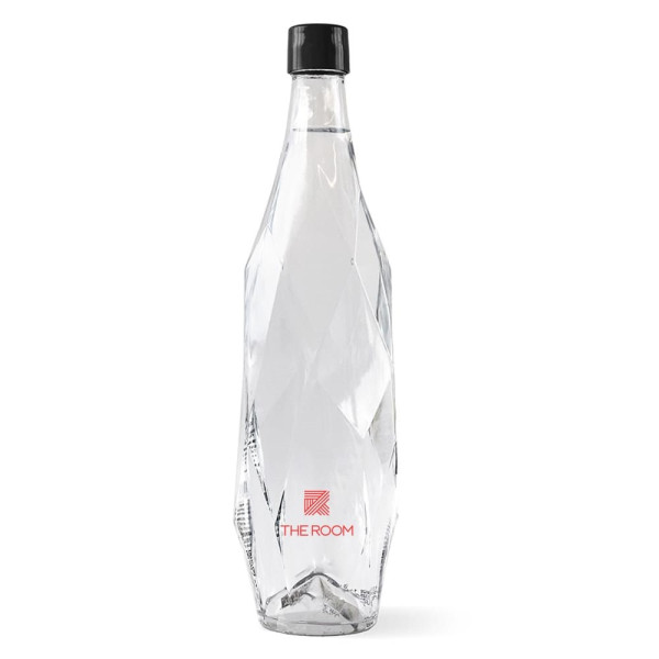 Waterflesje glas | 850 ml | Full colour sticker etiket | Zwarte dop
