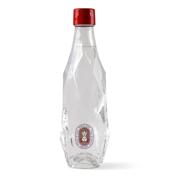 Bouteille d'eau pétillante en verre transparente |400 ml | Étiquette  adhésive quadri | Bouchon rouge